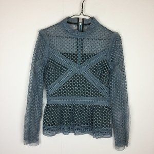 NA Peplum Blouse Top Size S Womans Blue Lace Crochet Sheer Ruffled Long Sleeve